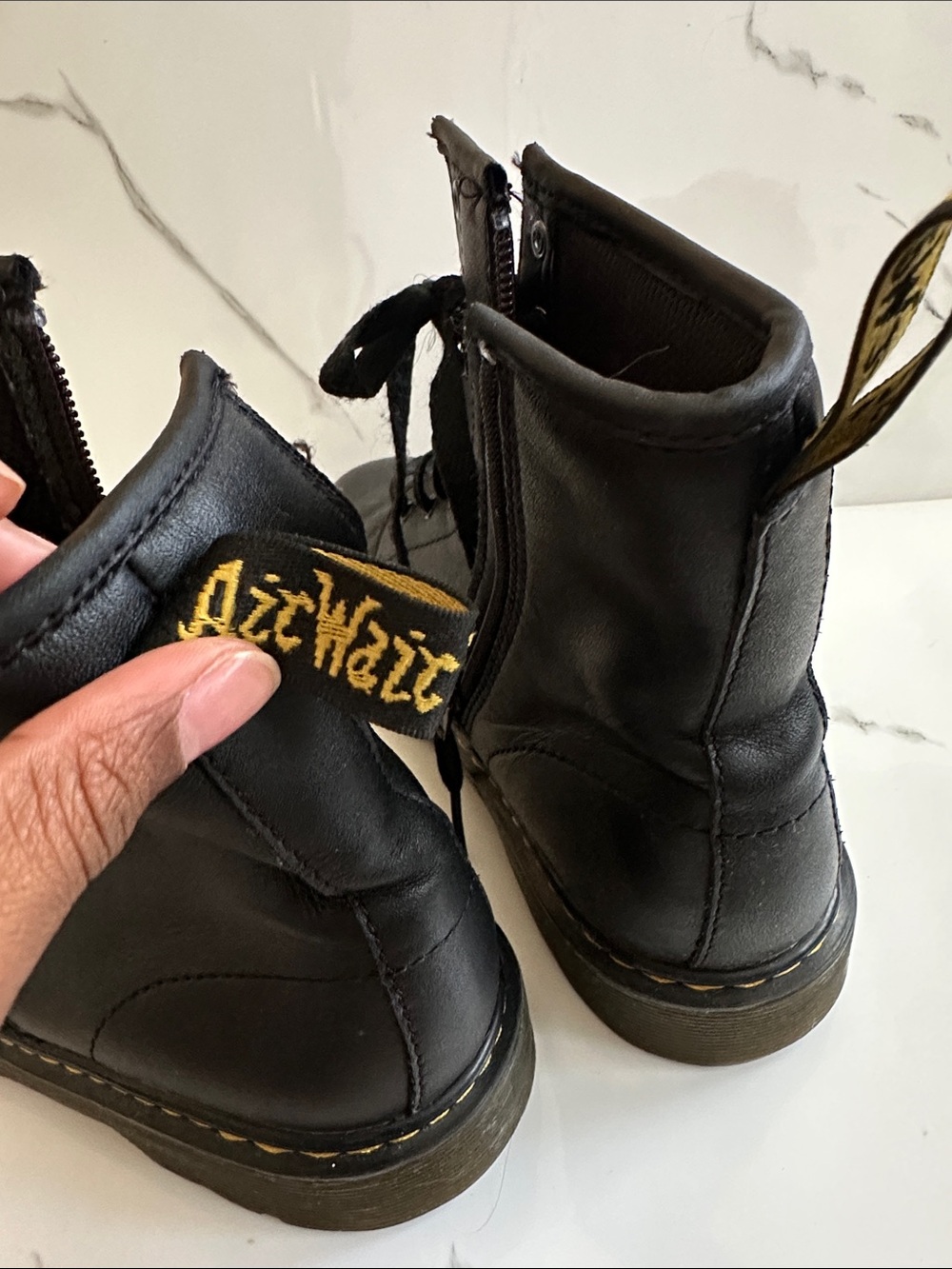 Black Lace-Up Combat Boots with Yellow Stitching - Women's Style: Doc Martins - Picture 6 of 10